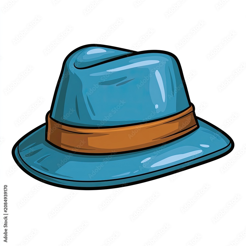 Fototapeta premium A smooth blue fedora hat with a textured brown band and a rounded brim