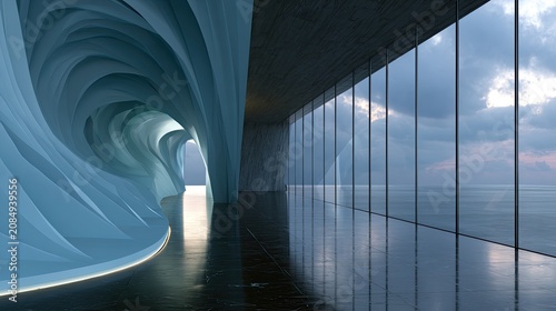 Modern architectural interior with wavy blue wall and ocean view
