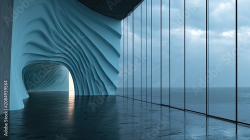 Modern flowing interior tunnel opens to vast ocean vista through glass