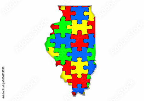Illinois IL State Map Autism Puzzle Pieces Awareness Autistic Symbol Spectrum 3d Illustration