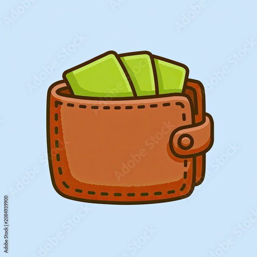 A brown leather wallet with a strap closure, bulging with green cash