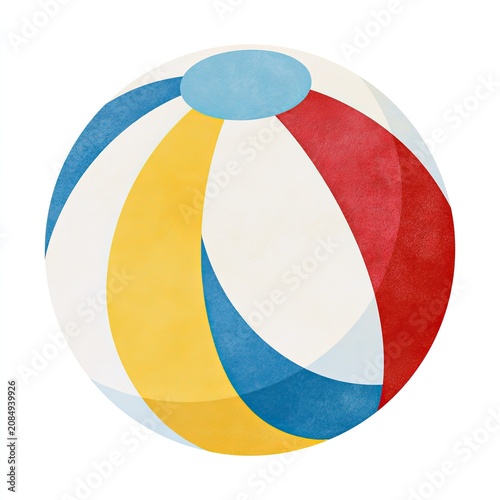 Colorful, round inflatable toy with alternating blue, white, yellow, and red panels
