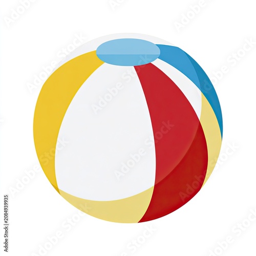 A colorful, inflated sphere with white, red, yellow, and blue panels
