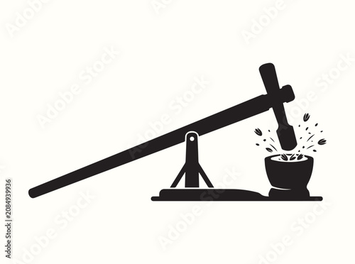 Isolated black graphic of ancient rice milling tool for agricultural branding