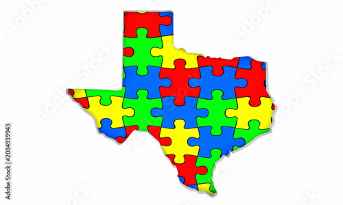 Texas TX State Map Autism Puzzle Pieces Awareness Autistic Symbol Spectrum 3d Illustration