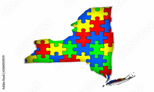 New York NY State Map Autism Puzzle Pieces Awareness Autistic Symbol Spectrum 3d Illustration