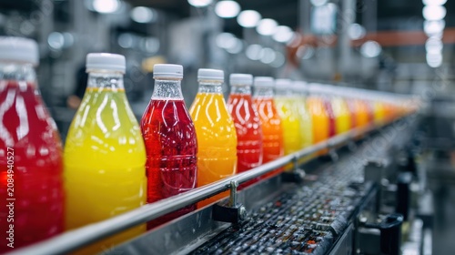 product bottles fruit juice on the conveyor belt in the beverage factory, industrial, manufacture, production, line, plant, technology, juice, machine, machinery, equipment, automated