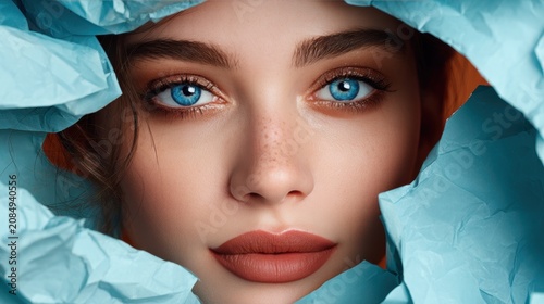 Young Japan woman with beautiful bright brown eyes with shining blue shadows, beige lipstick and expressive eyebrows, pitted look of colored paper, fashion, beauty, make-up, cosmetics, salon style