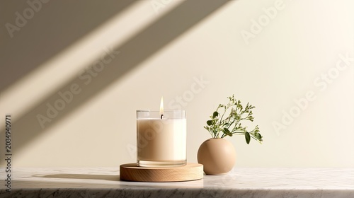 Lit candle in glass on wooden stand with small plant in modern vase