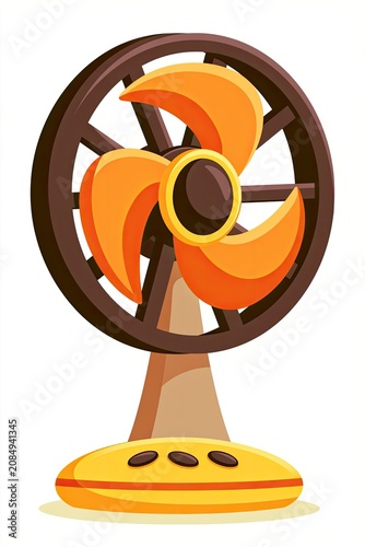 Retro fan with orange blades on a stand, featuring a yellow base