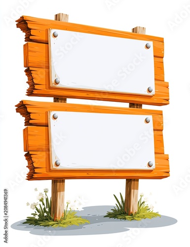 Rustic wooden double-sided signpost with empty white panels and grass
