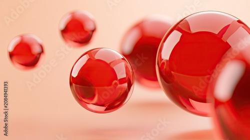 Translucent red spheres float and reflect light against a soft, warm background