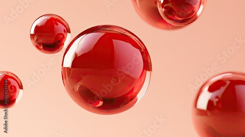 Translucent red spheres with swirling internal patterns drift on a soft pink background