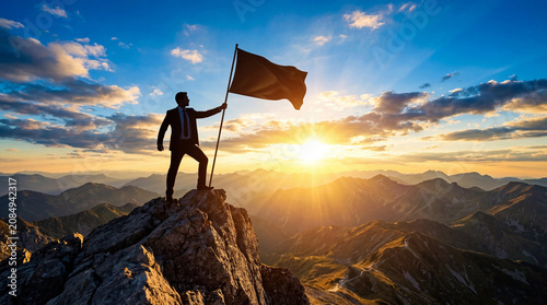 Businessman silhouette holding flag on mountain peak at sunrise