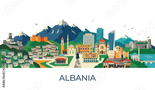 Bild auf Leinwand Albania travel concept banner with famous city landmarks cityscape and mountains