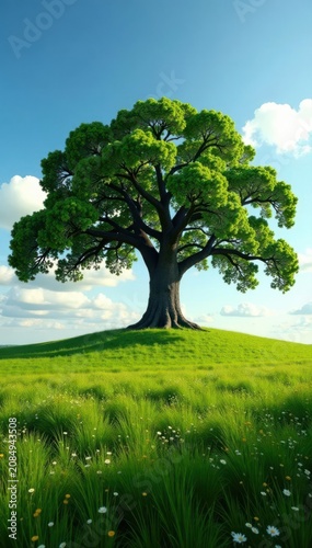Perfect crown, ancient oak dominates expansive field, tree, big, summer