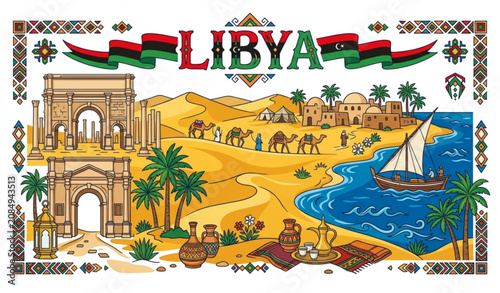 Fotografía Libyan heritage horizontal landscape with camels ancient architecture and sea co