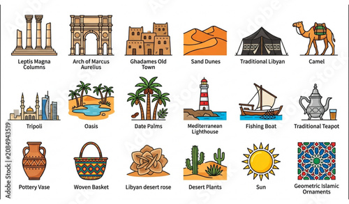 Fotografie Libya culture and landmarks vector icon set isolated on white background