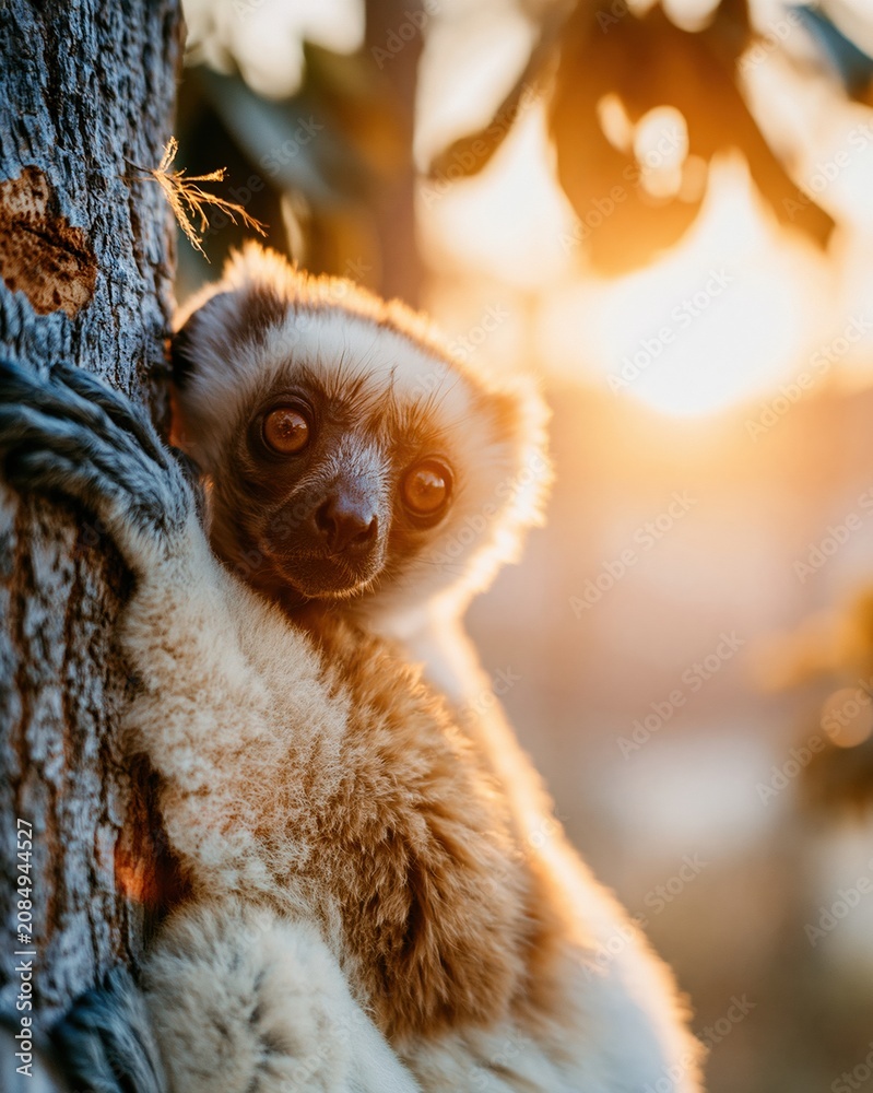 Fototapeta premium Diademed sifaka lemur with plush silky fur clinging to a tree trunk in a golden sunlit forest for Madagascar wildlife and conservation themes