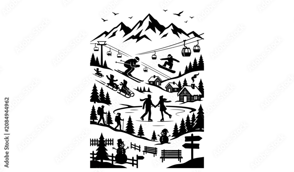 Fototapeta premium Winter Sports Mountain Resort Poster Black Silhouette Vector Illustration