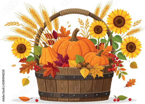 Autumn harvest basket, Thanksgiving decoration, fall vector illustration, seasonal icons
