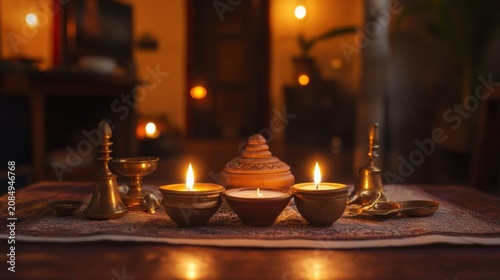Beautifully Lit Traditional Indian Decor with Diyas, Thali, and Brass Utensils in Warm Ambient Light
