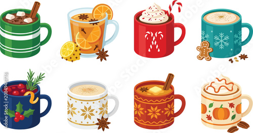 Winter Hot Drinks Vector Illustration Set Featuring Christmas Coffee Cocoa Mulled Wine and Cider