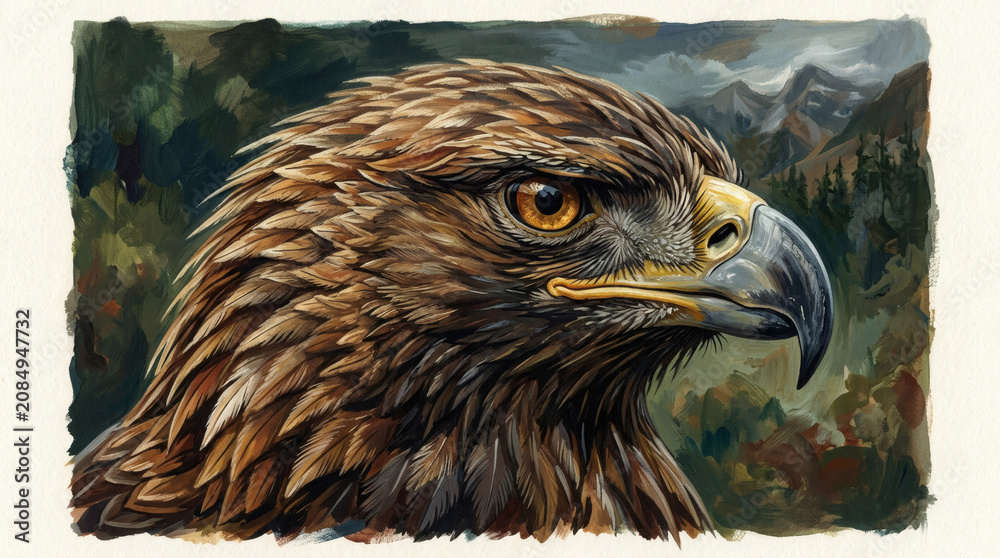 Obraz premium Majestic Golden Eagle Portrait Detailed Gouache Painting