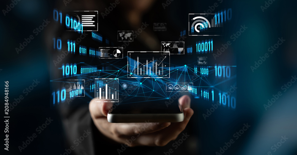 Obraz premium Big data and analytics support real-time insights, predictive modeling, and data-driven decisions for business intelligence and growth. Latch