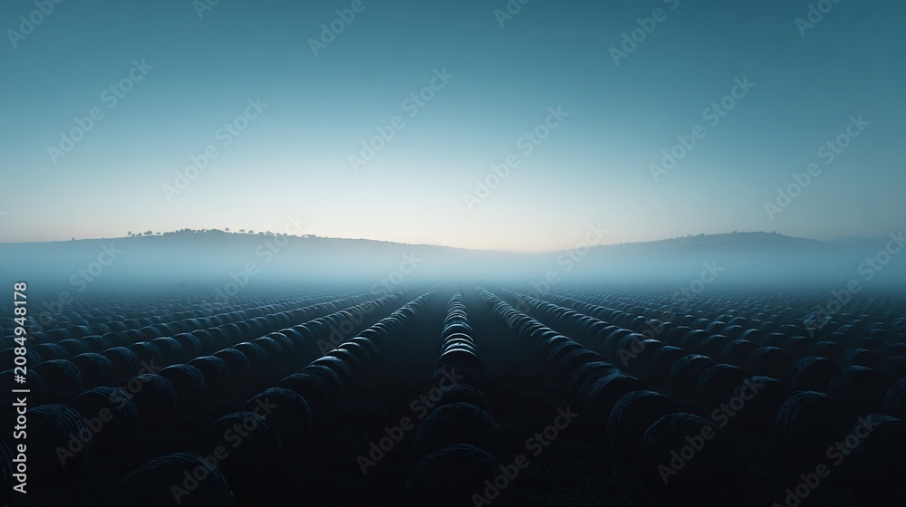 Fototapeta premium receding. A vast array of identical shields receding into mist at dawn. event programs, museum guides, designed for cultural heritage projects and event programs.