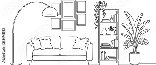 Minimalist living room scene line art with sofa lamp bookshelf and picture frames for interior design illustration