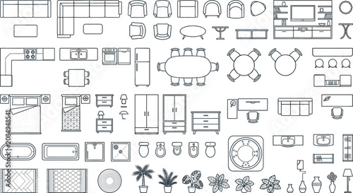 Foto Minimalist furniture top view blueprint icons set for interior design floor plan