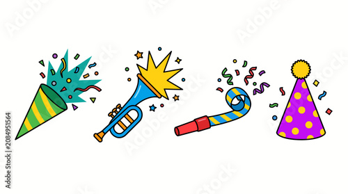 Set of colorful party celebration items including confetti popper horn blower and hat.