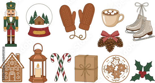 Christmas Holiday Icon Collection Featuring Nutcracker, Snow Globe, Ice Skates, Gingerbread House, Lantern, Candy Canes, Hot Cocoa, and Festive Winter Decorations