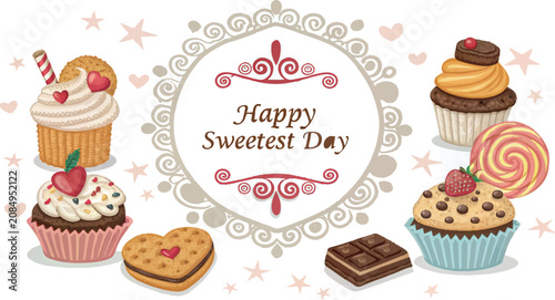 Sweet treats, cupcakes, cookies, brownies, Happy Sweetest Day vector graphics