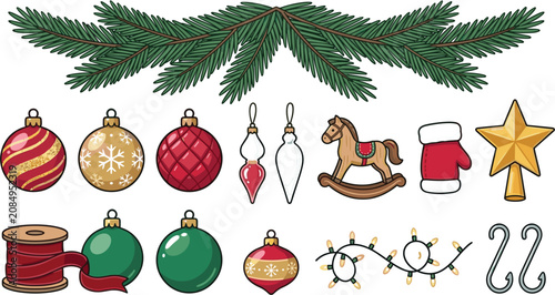 Christmas Ornament and Evergreen Garland Icon Collection Featuring Baubles, Rocking Horse, Tree Topper, Fairy Lights, Ribbon, and Festive Holiday Decorations