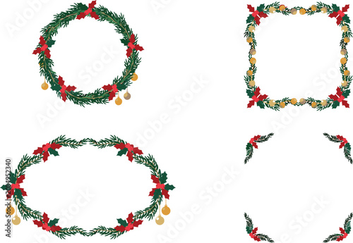 Christmas Holly Garland Frame Collection with Circular, Oval, Square, and Corner Borders Featuring Festive Greenery, Berries, Bells, and Holiday Decorative Elements