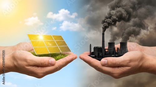 Hands holding solar energy versus factory air pollution with pollution industry environment sustainability contrast emissions renewable protection