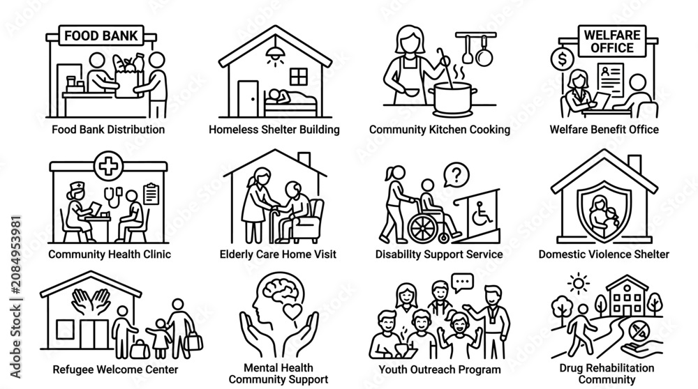 Obraz premium Set of Social Services and Community Support Line Icons.