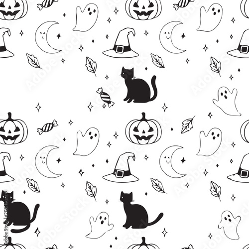 Halloween icons, black and white seamless pattern, spooky symbols, festive illustrations