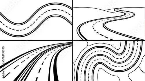 Set of four black and white road sketches.