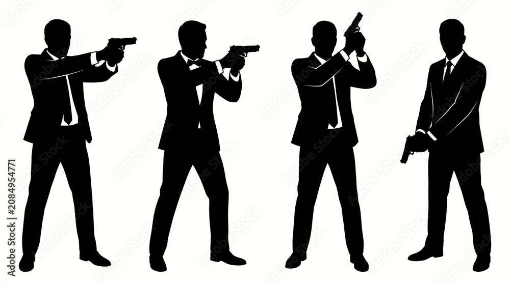 Obraz premium Set of silhouettes of secret agents in suits holding guns.