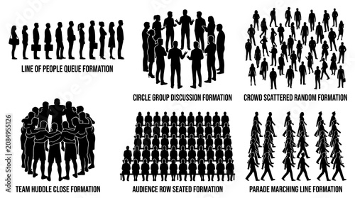 Set of human silhouette formations illustrating various group social arrangements.