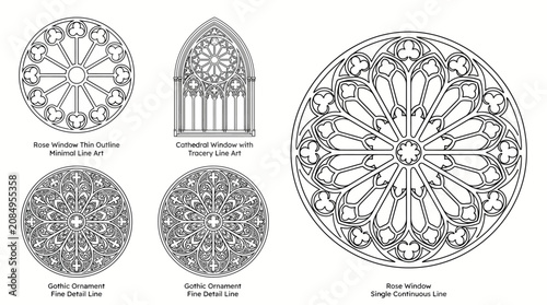 Set of intricate gothic architectural rose window designs and cathedral arch sketches.