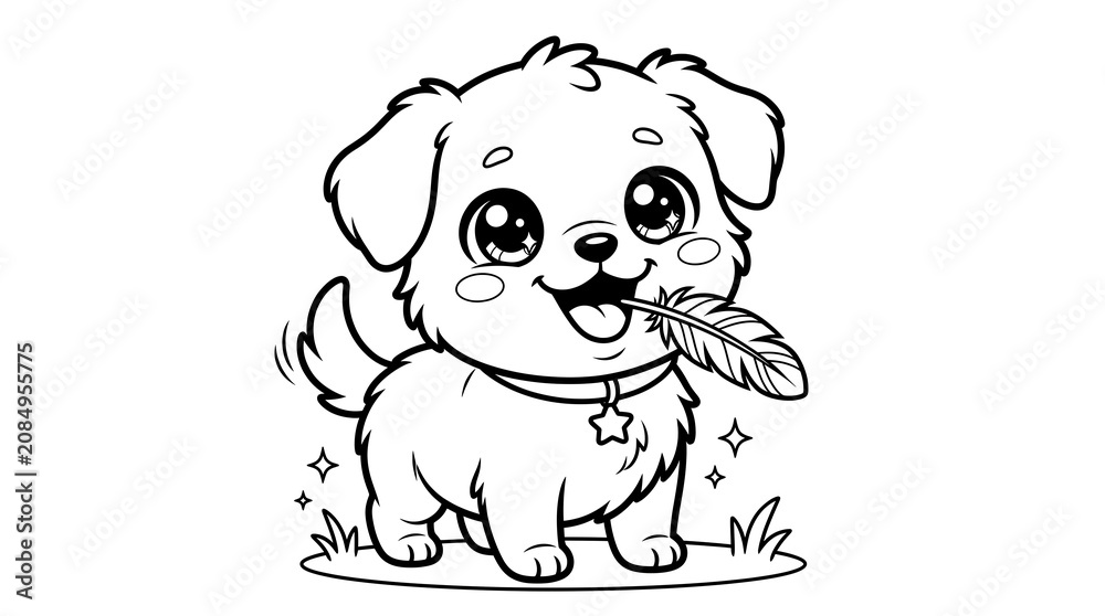Fototapeta premium Cute Puppy Holding a Feather Line Art Illustration Cartoon Dog Coloring Page on White Background