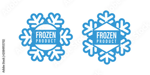 Frozen food product packaging labels. Fresh frozen food product logo icons. Product badges. Snowflake stickers. Refrigerator and freezer storage. Vector illustration.