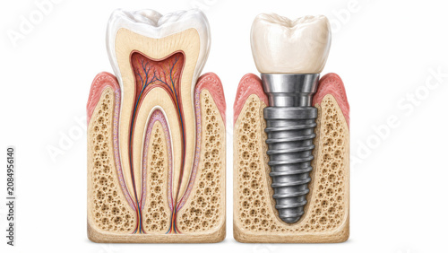 Medical illustration comparing a natural tooth anatomy to a titanium dental implant in the jawbone, created with Generative AI Technology, ai, generative