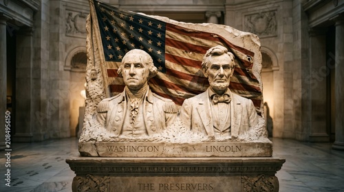 Statues of George Washington and Abraham Lincoln stand before a large American flag inside a grand building. The marble busts are detailed and honor the presidents, symbolizing American history