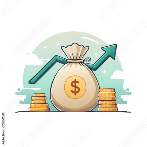 Money bag with upward arrow and gold coins vector illustration