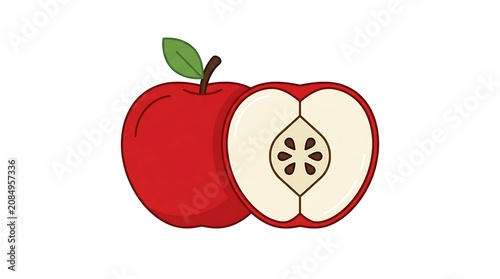 Red apple with green leaf and clock face.